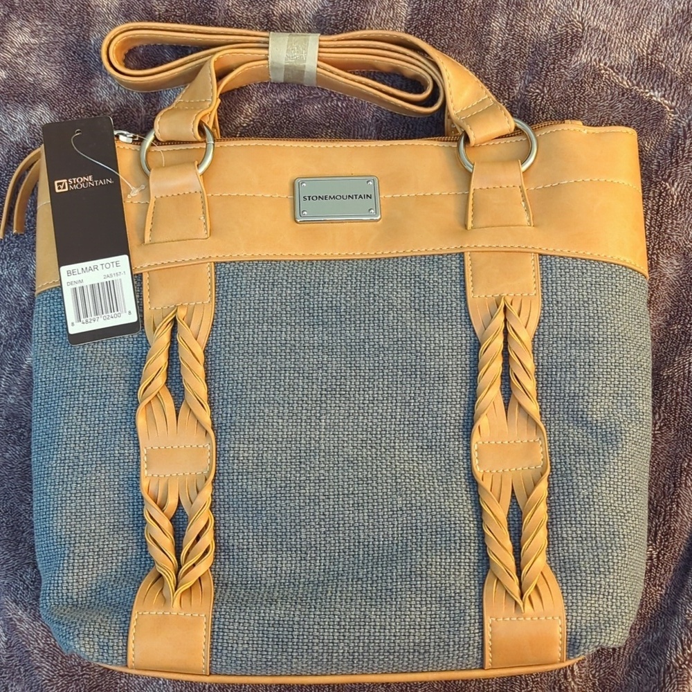 Stone Mountain Tan and Blue Tote Bag with Structured Design